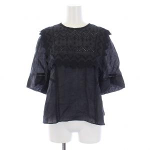 ブラウス シャツ 半袖 クルーネック 刺繍 34 XXS 黒 ブラック /BM