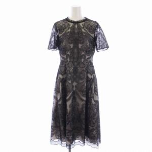 20SS チュール刺繍フレアワンピース ひざ丈 半袖 総レース 34 XS 黒 ブラック 0120235043