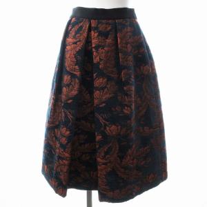 ANAYI プリーツスカート ひざ丈 サイドファスナー 刺繍 36 S 花柄  紺 ネイビー 茶 ブラウン