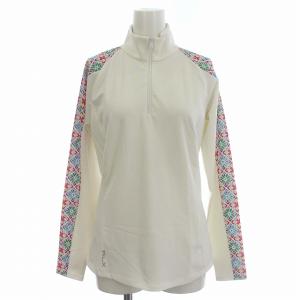 ハーフジップ カットソー 花柄 ストレッチ スタンドカラー 長袖 XS 白 ホワイト /G