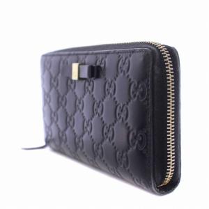 GUCCI 長財布 ラウンドファスナー シマ GG柄 リボン レザー 黒 ブラック 388680