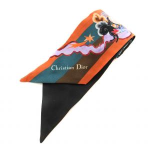 Christian Dior レール L'AIR ミッツァ スカーフ 総柄 絹 シルク 保存箱付き オレンジ 黒 ブラック