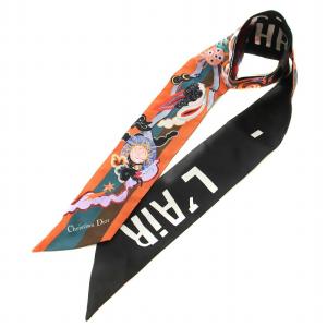 Christian Dior レール L'AIR ミッツァ スカーフ 総柄 絹 シルク 保存箱付き オレンジ 黒 ブラック