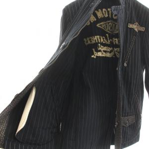 vanson Leathers ブルゾン ジャケット スタンドカラー ジップアップ シングル ストライプ ロゴ刺繍 M 黒 ブラック ベージュ 白 ホワイト
