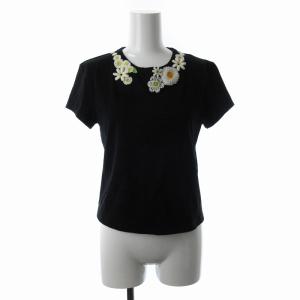 Tシャツ カットソー 半袖 花刺繍 M 黒 ブラック
