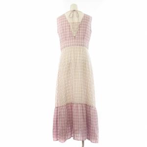 furfur 24SS チェック柄ワンピース ロング マキシ ティアード ノースリーブ リボン F 紫 パープル 黄