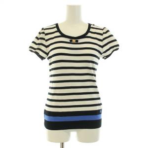 カットソー ニット 半袖 クルーネック リボン ロゴ 装飾 ボーダー柄 38 S 黒 ブラック 白 ホワイト 青 ブルー