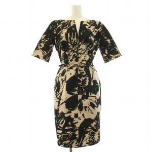 タイトワンピース ひざ丈 半袖 スキッパー 総柄 ベルト 42 L 黒 ブラック グレージュ /BB