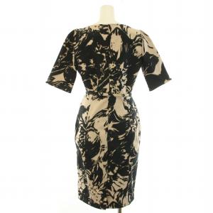 Max Mara タイトワンピース ひざ丈 半袖 スキッパー 総柄 ベルト 42 L 黒 ブラック グレージュ /BB