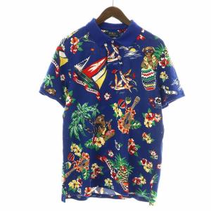 POLO RALPH LAUREN ポロシャツ 半袖 ハーフボタン 鹿の子 ポロベア 総柄 L 青 ブルー マルチカラー