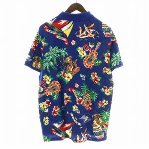 POLO RALPH LAUREN ポロシャツ 半袖 ハーフボタン 鹿の子 ポロベア 総柄 L 青 ブルー マルチカラー