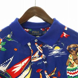 POLO RALPH LAUREN ポロシャツ 半袖 ハーフボタン 鹿の子 ポロベア 総柄 L 青 ブルー マルチカラー