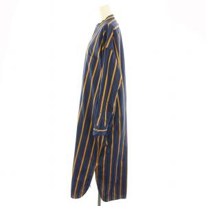 TICCA ノーカラースクエアビッグロングシャツ シャツワンピース ロング バンドカラー 長袖 ストライプ柄 F 紺 ネイビー 黄 イエロー