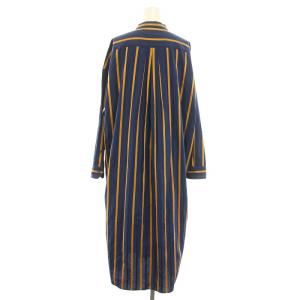 TICCA ノーカラースクエアビッグロングシャツ シャツワンピース ロング バンドカラー 長袖 ストライプ柄 F 紺 ネイビー 黄 イエロー
