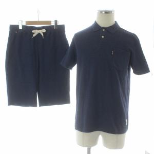 セットアップ 上下 2点セット ポロシャツ カットソー ハーフパンツ ウエストゴム ロゴワッペン M 青