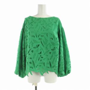 カットソー ショート丈 カットワーク 総柄 ボートネック バルーンスリーブ 七分袖 36 S 緑 グリーン