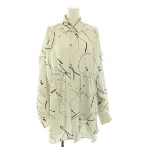 22SS テープギャザードシャツ ブラウス スタンダードカラー 長袖 肩あき 2way 総柄 2 M ライトグレー
