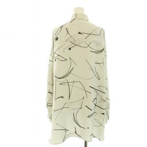 Ujoh 22SS テープギャザードシャツ ブラウス スタンダードカラー 長袖 肩あき 2way 総柄 2 M ライトグレー