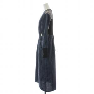 AKANE UTSUNOMIYA フレアワンピース ギャザー ミモレ ロング 長袖 クルーネック 切替 チェック柄 シルク ウエストゴム 38 M マルチカラー