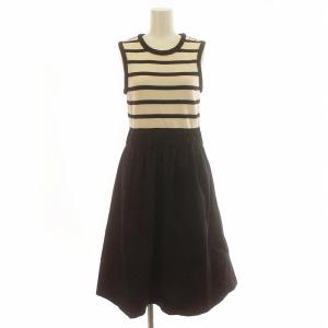 ワンピース フレア ミモレ ロング ノースリーブ ボーダー 切替 コットン S 黒 ブラック 白 ホワイト