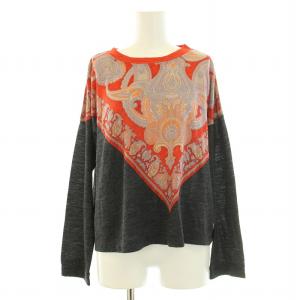Y's ヨウジヤマモト カットソー 長袖 クルーネック ペイズリー柄 切替 ウール 2 S チャコールグレー 赤 レッド