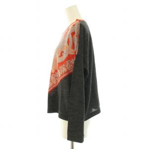 Y's ヨウジヤマモト カットソー 長袖 クルーネック ペイズリー柄 切替 ウール 2 S チャコールグレー 赤 レッド