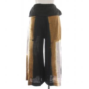 Y's ヨウジヤマモト ワイドパンツ クロップド ジップフライ 総柄 麻 リネン 2 M 黒 ブラック 茶 ブラウン グレー