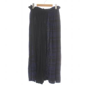 Yohji Yamamoto ギャザースカート フレア ロング マキシ ボーダー ストレッチ 2 M 青 ブルー 黒 ブラック