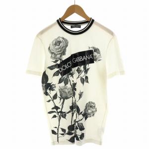 DOLCE&GABBANA Tシャツ カットソー 半袖 バラ ロゴ 52 XL 白 ホワイト 黒 ブラック G8JS9T/HH7JW