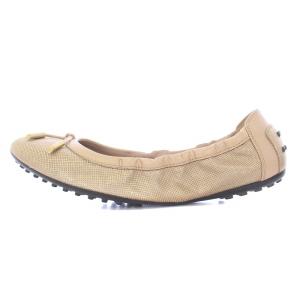 TOD'S パンプス フラットシューズ レザー リボン 装飾 切替 38.5 25.5cm ベージュ ゴールド色