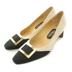 パンプス スクエアトゥ チャンキーヒール ローヒール フェイクレザー 切替 装飾 23.5cm 黒 ブラック