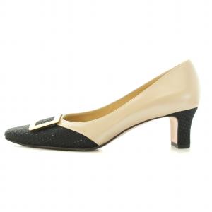 GINZA Kanematsu パンプス スクエアトゥ チャンキーヒール ローヒール フェイクレザー 切替 装飾 23.5cm 黒 ブラック