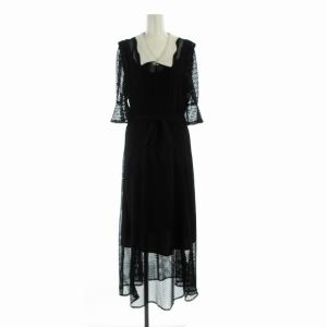 22SS パイピングデザインレースワンピース マキシ ロング インナーキャミ付き メッシュ リボン 五分袖 1 M 黒 ブラック