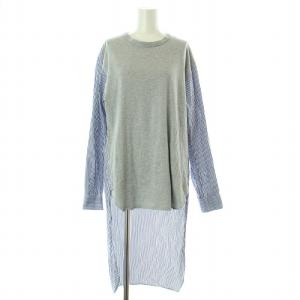 カットソー チュニック丈 長袖 クルーネック 切替 ストライプ柄 S 青 ブルー グレー /BB