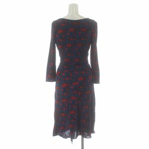 ISSA LONDON ワンピース ひざ丈 総柄 ドレープ 七分袖 UK6 XS 青 ブルー 赤 レッド