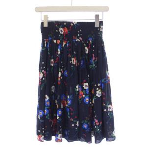 TORY BURCH フレアスカート ひざ丈 花柄 シルク ウール 2 M 紺 ネイビー