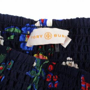 TORY BURCH フレアスカート ひざ丈 花柄 シルク ウール 2 M 紺 ネイビー