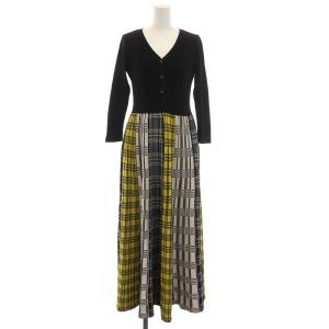 チェックプリーツニットワンピース ロング マキシ丈 Vネック 七分袖 36 S 黒 ブラック 黄色 イエロー 白