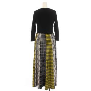 GRACE CONTINENTAL チェックプリーツニットワンピース ロング マキシ丈 Vネック 七分袖 36 S 黒 ブラック 黄色 イエロー 白