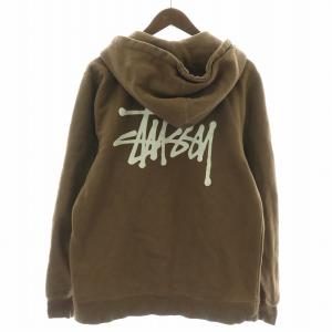 STUSSY パーカー ジャケット ジップアップ 長袖 ロゴプリント 裏起毛 S 茶 ブラウン グレー
