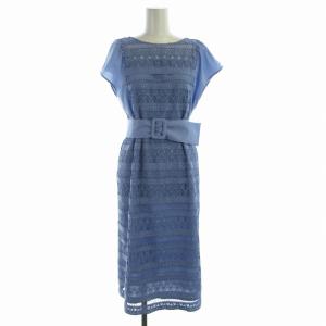 PINKY&DIANNE 22SS タイトワンピース ひざ丈 ノースリーブ 総レース 刺繍 38 M 青 ブルー /RO