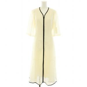 24SS タイルレースパイピングワンピース ロング Vネック 五分袖 レース タグ付き 38 M 白 ホワイト 黒 ブラック