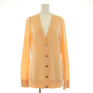 ニットカーディガン 長袖 Vネック 薄手 ロゴ ウール M オレンジ