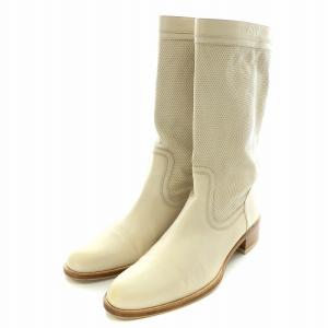 SARTORE ショートブーツ レザー メッシュ ローヒール チャンキーヒール 39 24.0cm~24.5cm アイボリー