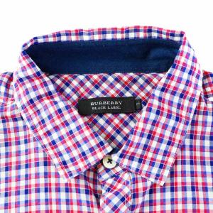 BURBERRY BLACK LABEL シャツ カジュアルシャツ 半袖 チェック 刺繍 コットン 3 L 紺 ネイビー 赤 レッド 白 ホワイト