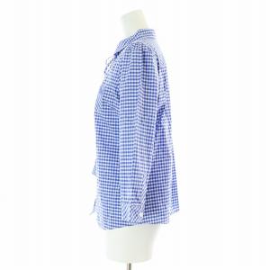 BURBERRY BLUE LABEL シャツ 七分袖 チェック リボン ロゴ 刺繍 コットン 38 M 青 ブルー 白 ホワイト