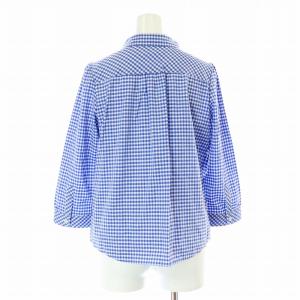 BURBERRY BLUE LABEL シャツ 七分袖 チェック リボン ロゴ 刺繍 コットン 38 M 青 ブルー 白 ホワイト