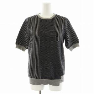 ニット カットソー 半袖 ストライプ柄 ウール シルク混 絹 M グレー 黒 ブラック