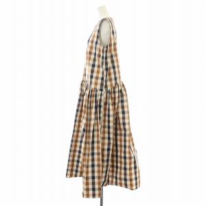 BARNEYS NEW YORK フレアワンピース ギャザー ミモレ ロング ノースリーブ チェック柄 総柄 F 茶 ブラウン 紺 ネイビー