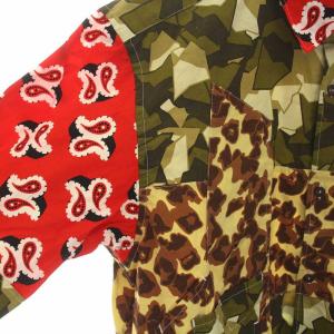 FUMITO GANRYU コムデギャルソン COMME des GARCONS シャツ 総柄 切替 コットン 半袖 M カーキ 赤 茶 AD2011